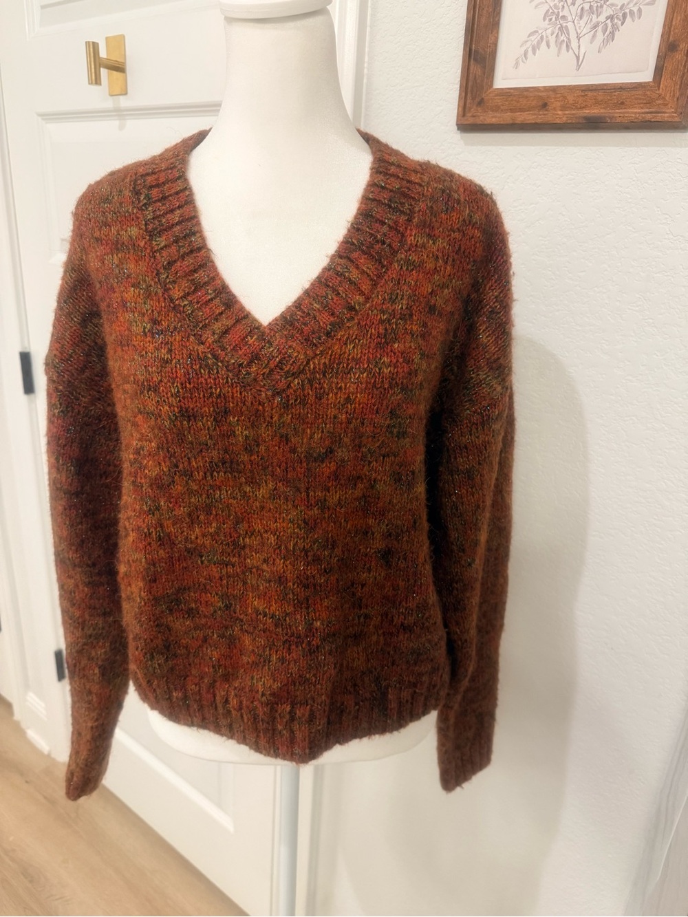 Scotch & Soda V-Neck Mohair-Blend Sweater in Rust Multitone